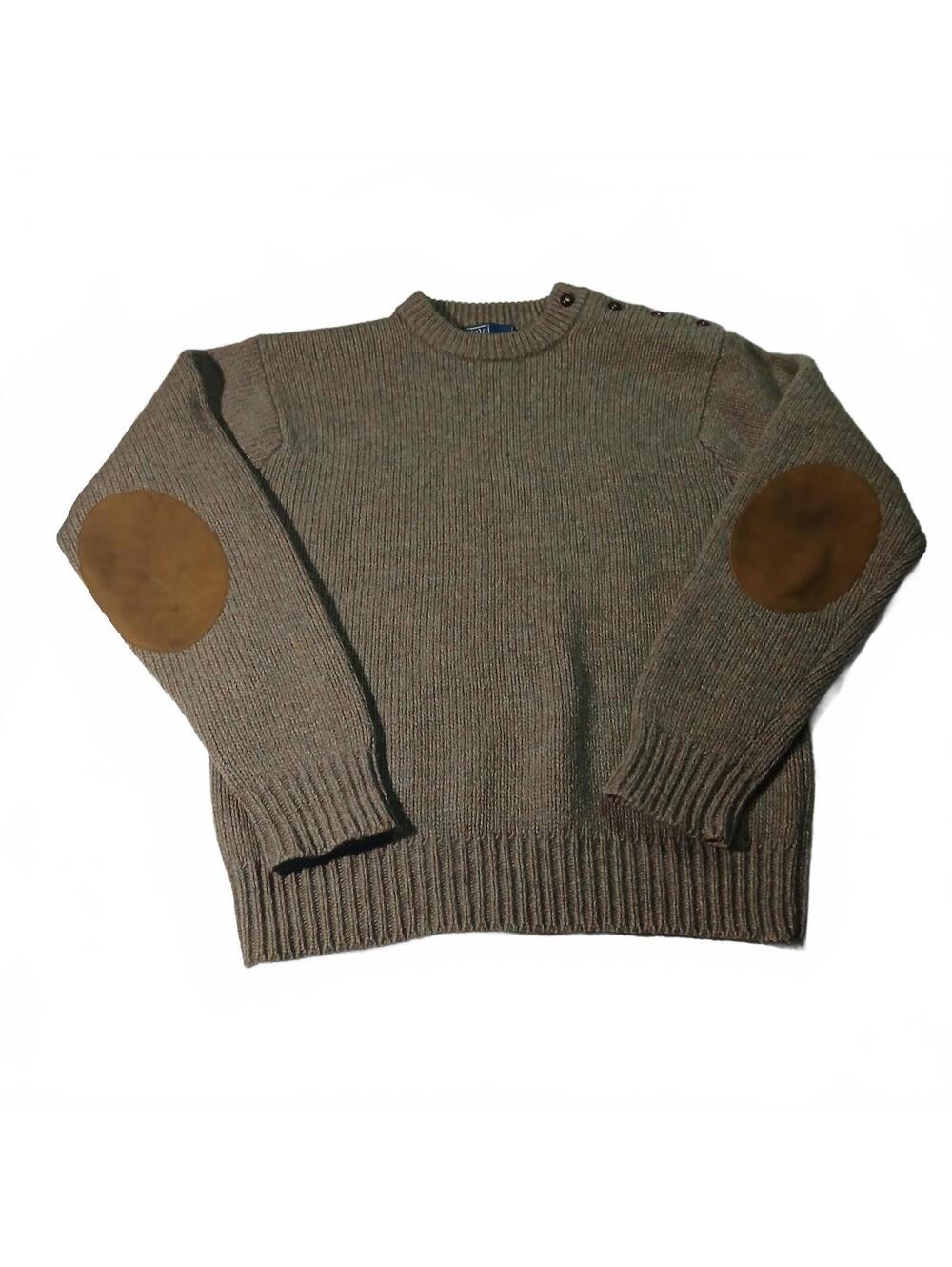 Vintage Polo Ralph Lauren Wool Sweater Brown Elbow Patch Knit Crewneck Mens XL